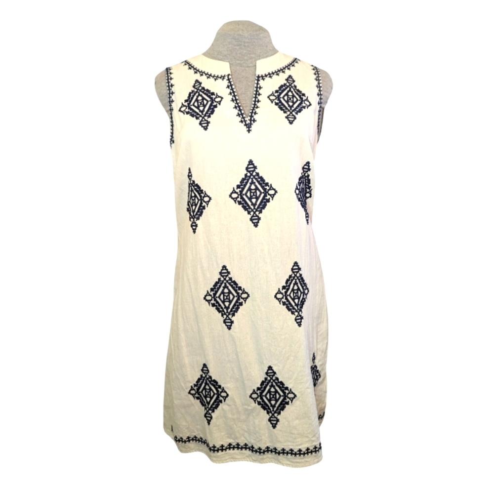 Athena Marie szS linen blend sleeveless embroidered white shift dress EUC